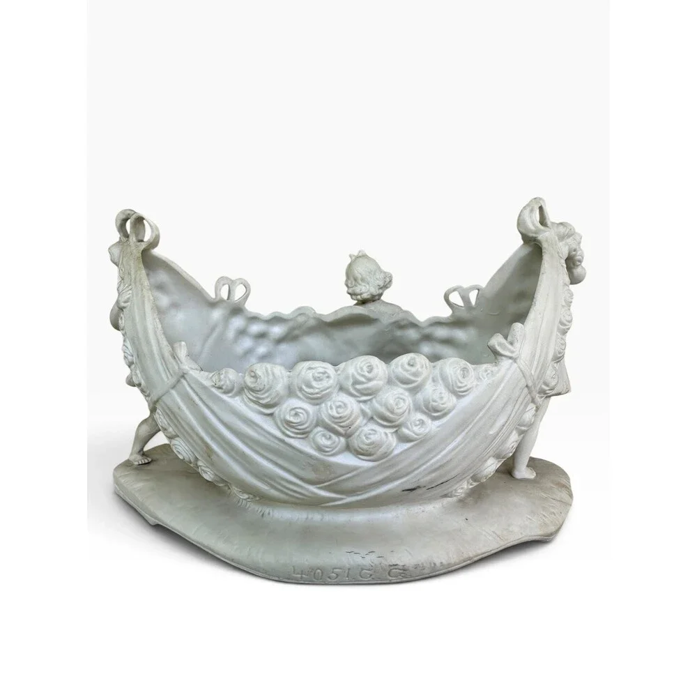 Antique German Bisque Porcelain Cherub Bowl, Putti Garland Jardiniere, Mold 4051